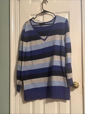 Lane Bryant Blue and Gray Striped V-Neck Sweater